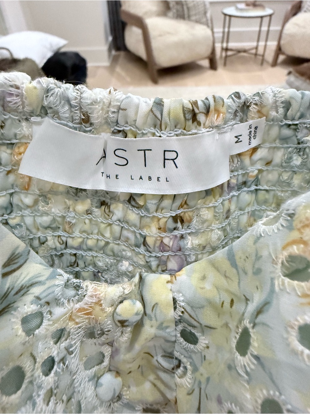 Astr Pale Green and Yellow Floral Smocked Blouse - Picture 3 of 3